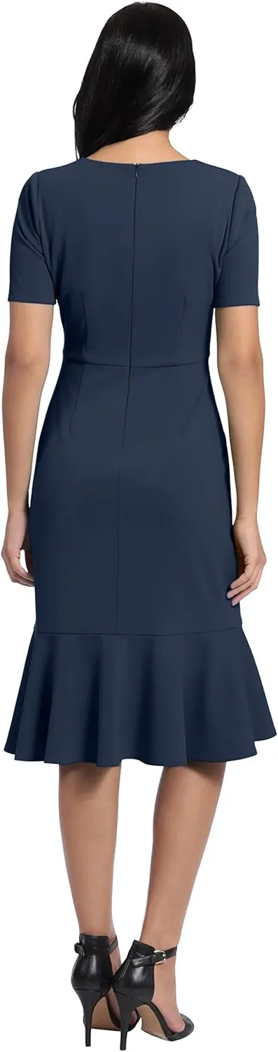 London Times Women's V-Neck Polished Flounce Hem Twist Waist Detail Feminine Office Event Guest of