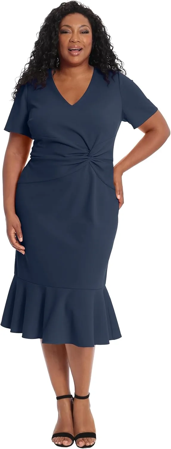 London Times Women's V-Neck Polished Flounce Hem Twist Waist Detail Feminine Office Event Guest of