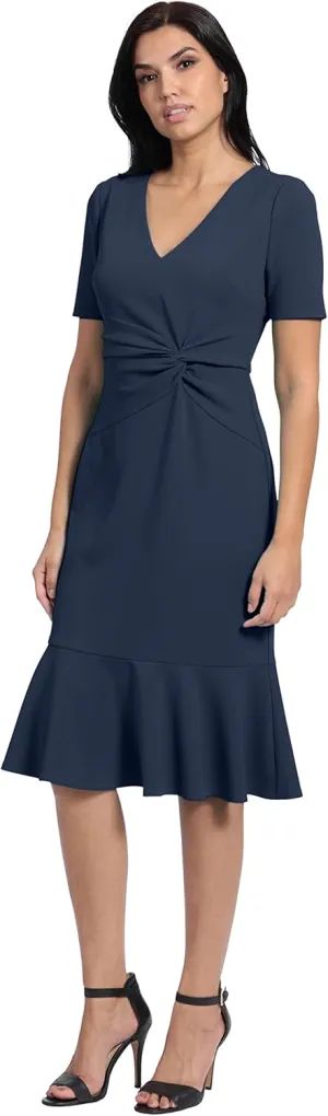 London Times Women's V-Neck Polished Flounce Hem Twist Waist Detail Feminine Office Event Guest of