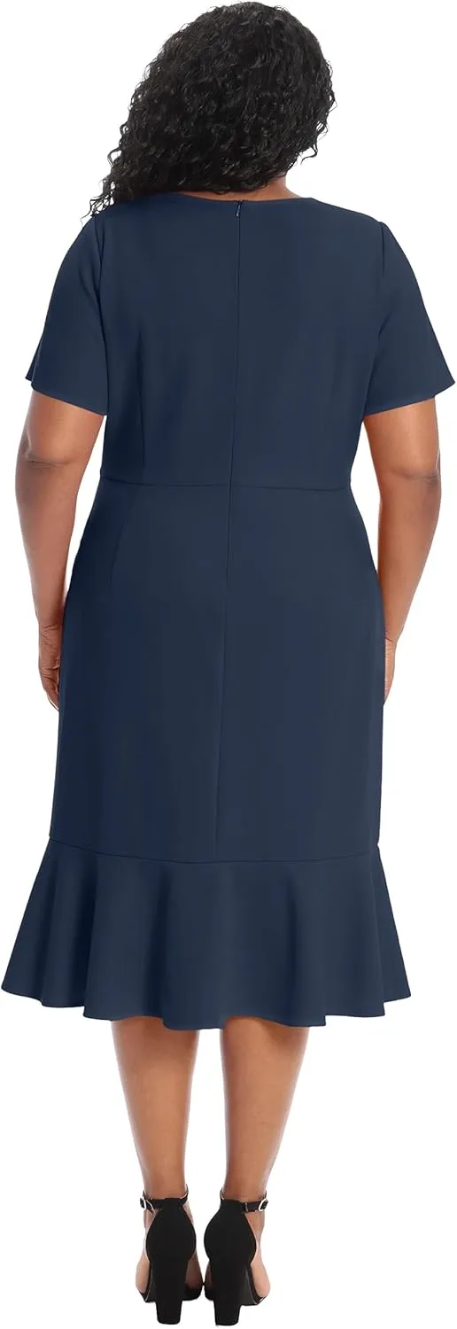 London Times Women's V-Neck Polished Flounce Hem Twist Waist Detail Feminine Office Event Guest of