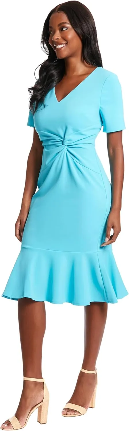 London Times Women's V-Neck Polished Flounce Hem Twist Waist Detail Feminine Office Event Guest of