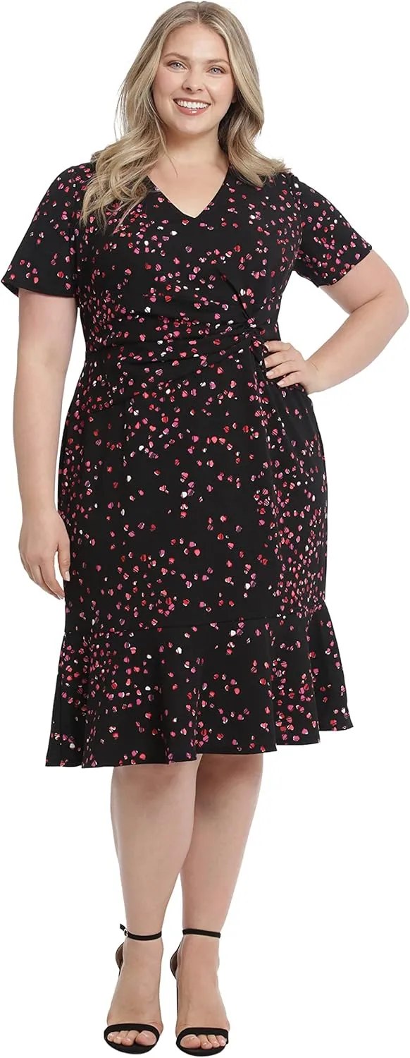 London Times Women's V-Neck Polished Flounce Hem Twist Waist Detail Feminine Office Event Guest of