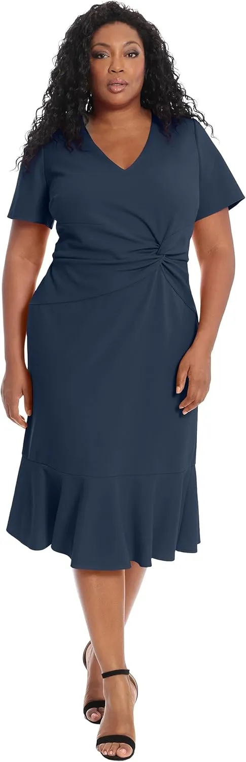 London Times Women's V-Neck Polished Flounce Hem Twist Waist Detail Feminine Office Event Guest of