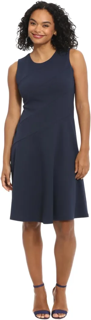 London Times Women's Versatile Crew Neck Bias Seamed Fit and Flare Dress Polished Chic Flattering Feminine