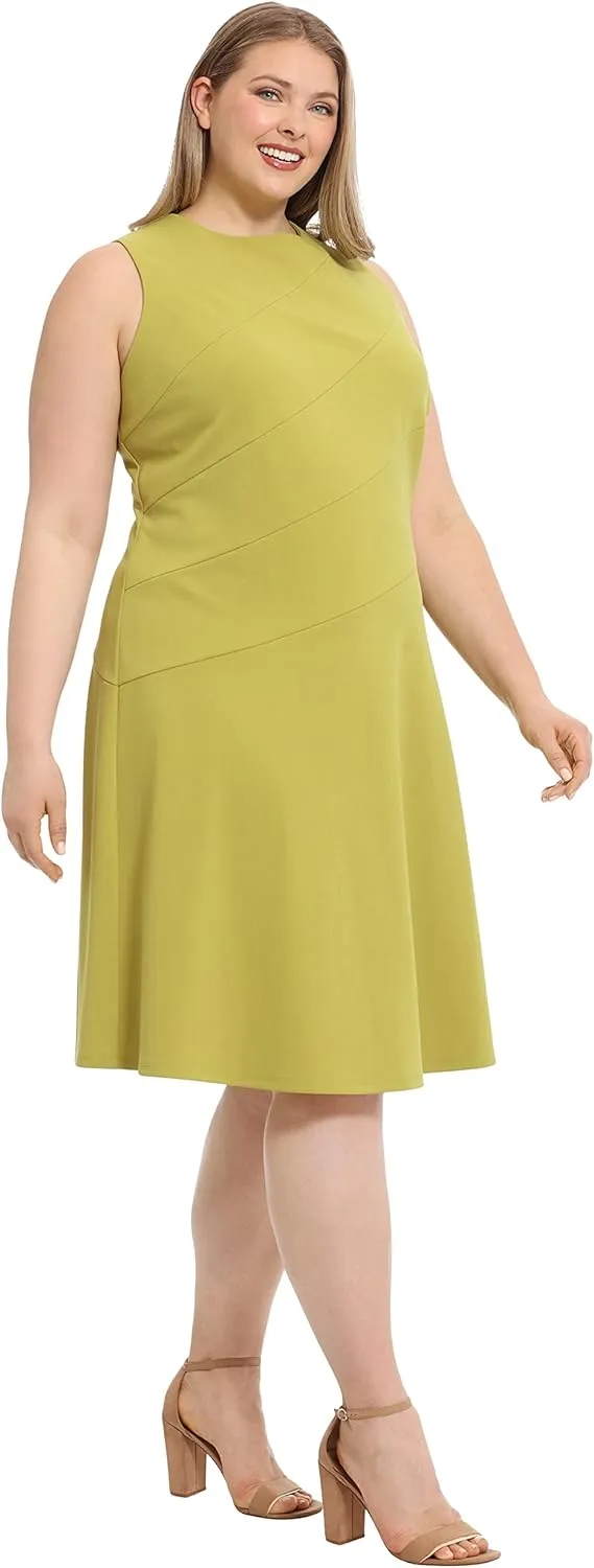 London Times Women's Versatile Crew Neck Bias Seamed Fit and Flare Dress Polished Chic Flattering Feminine