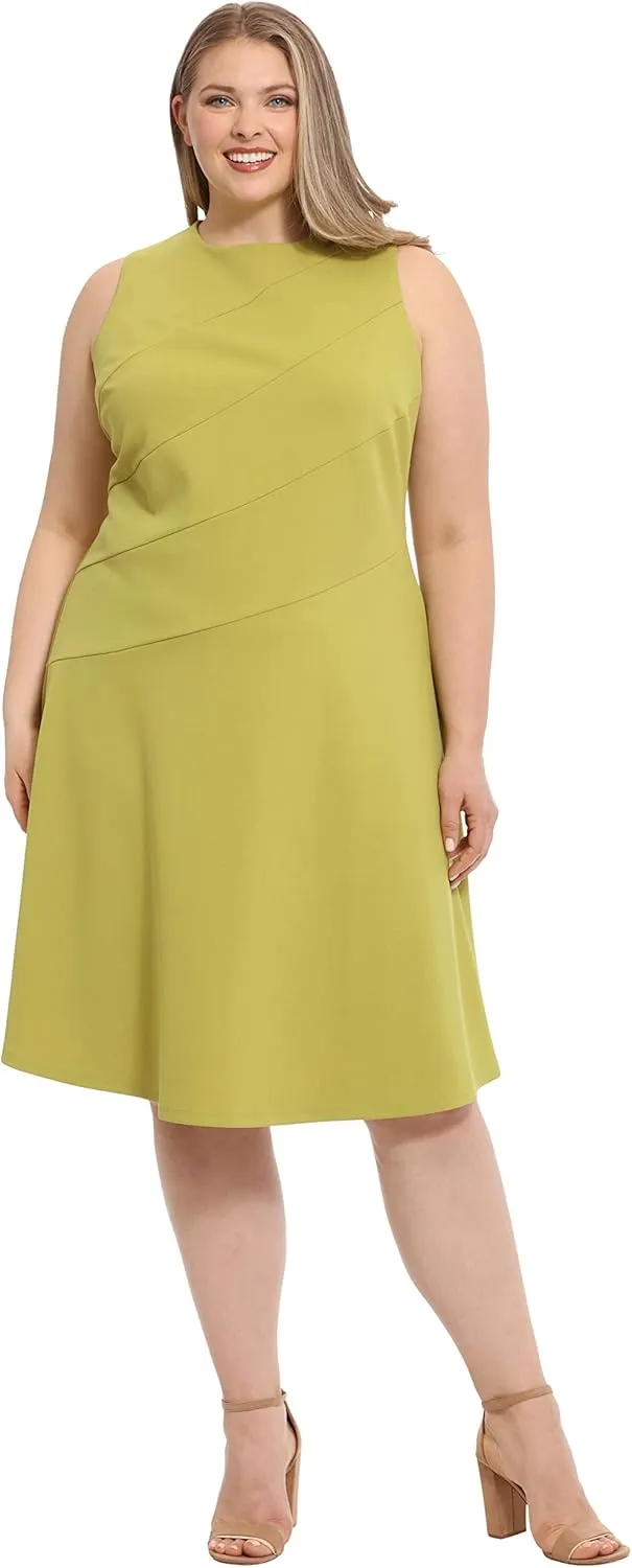 London Times Women's Versatile Crew Neck Bias Seamed Fit and Flare Dress Polished Chic Flattering Feminine