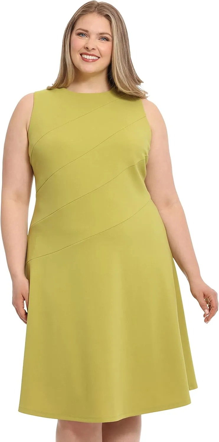 London Times Women's Versatile Crew Neck Bias Seamed Fit and Flare Dress Polished Chic Flattering Feminine