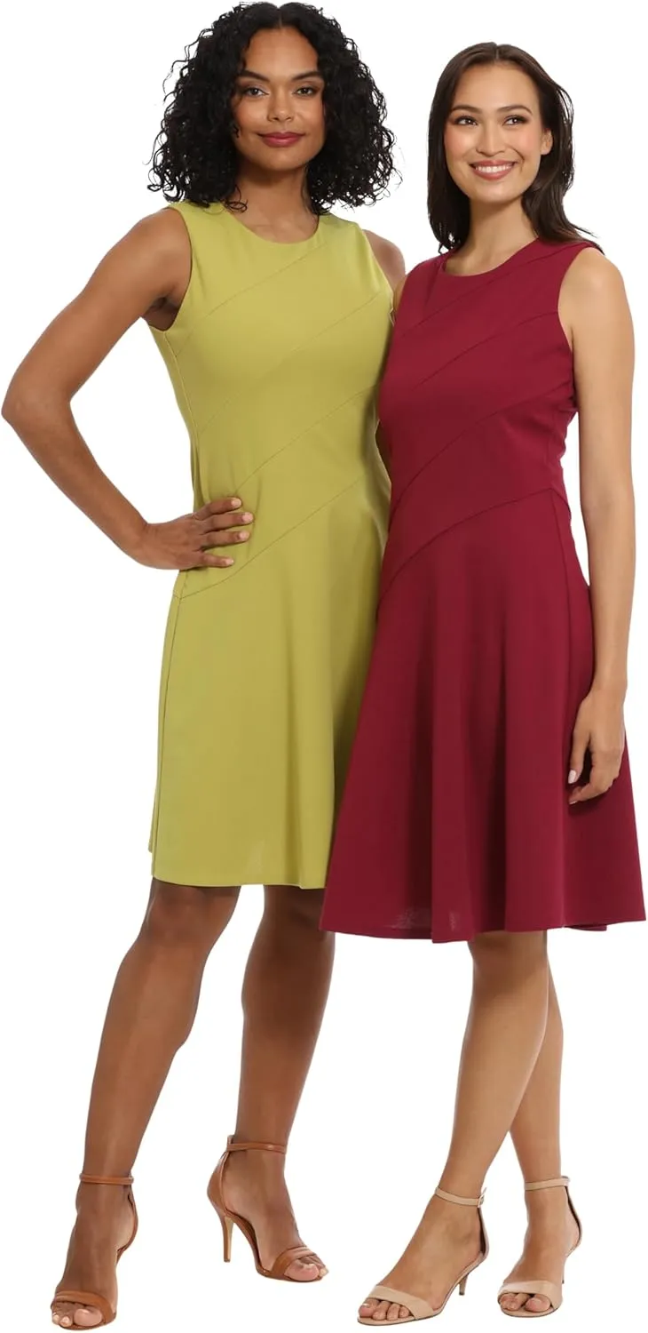 London Times Women's Versatile Crew Neck Bias Seamed Fit and Flare Dress Polished Chic Flattering Feminine