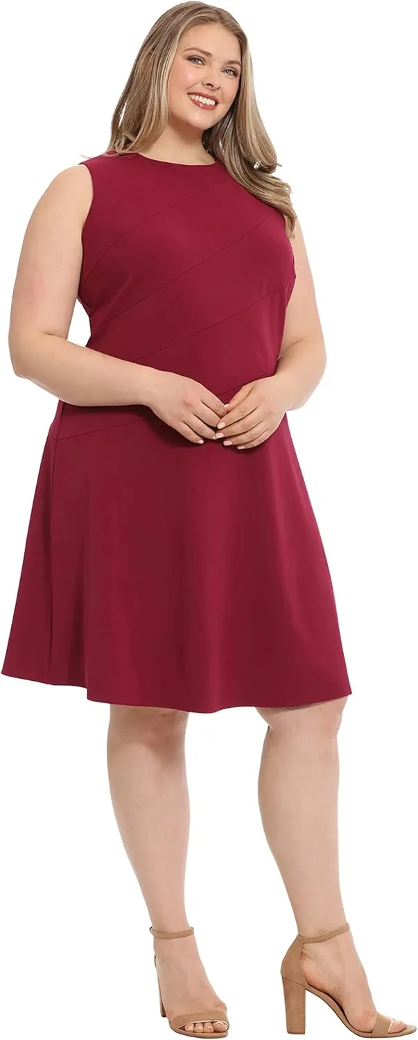 London Times Women's Versatile Crew Neck Bias Seamed Fit and Flare Dress Polished Chic Flattering Feminine