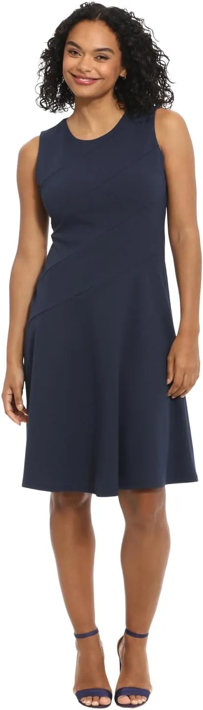 London Times Women's Versatile Crew Neck Bias Seamed Fit and Flare Dress Polished Chic Flattering Feminine