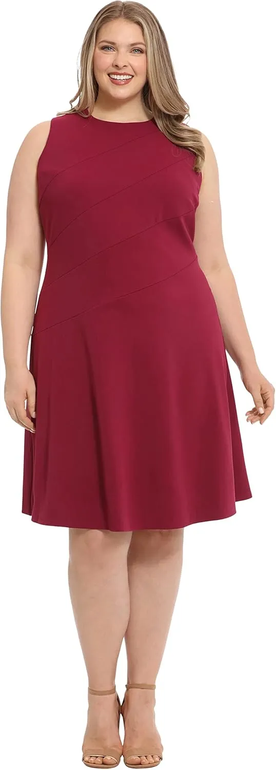 London Times Women's Versatile Crew Neck Bias Seamed Fit and Flare Dress Polished Chic Flattering Feminine