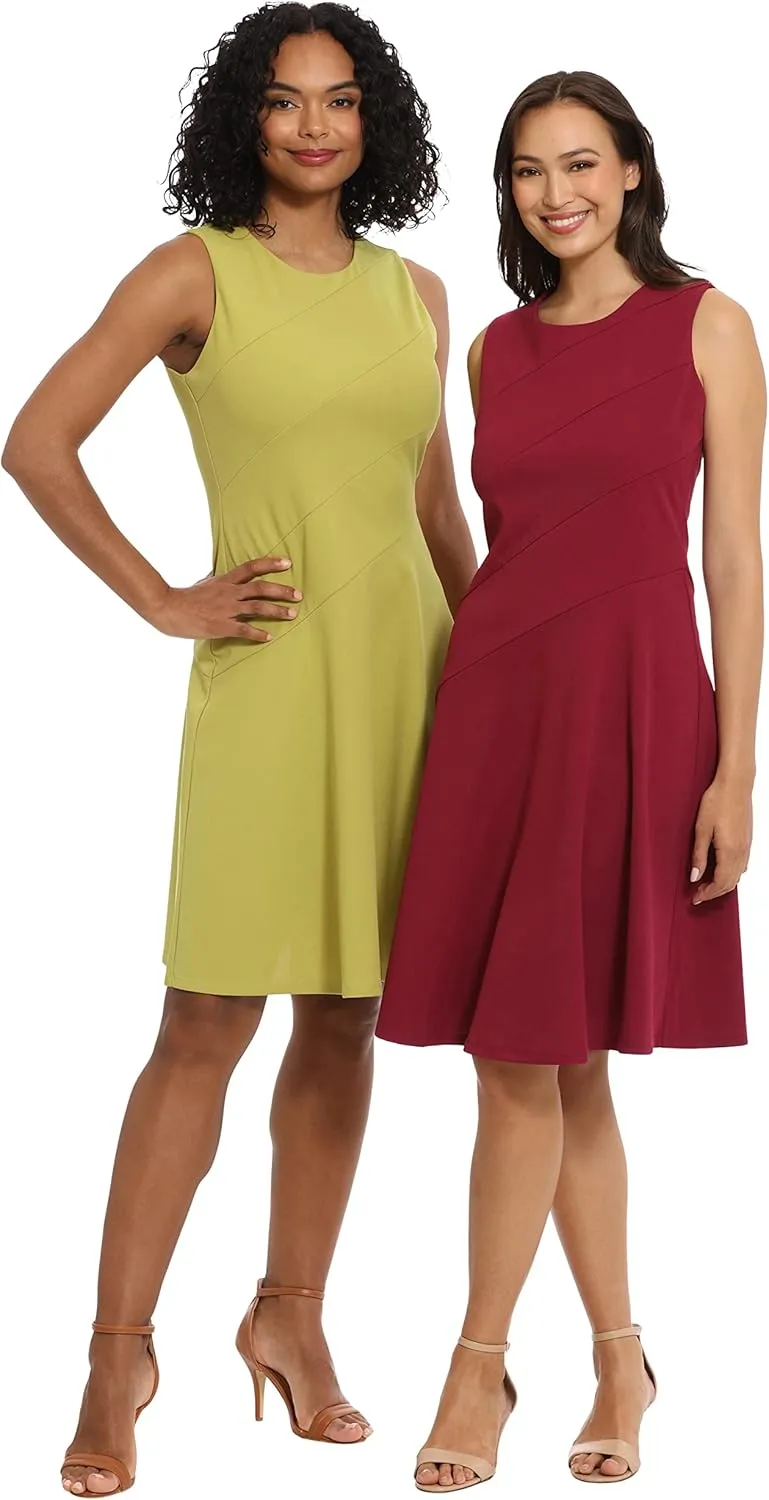 London Times Women's Versatile Crew Neck Bias Seamed Fit and Flare Dress Polished Chic Flattering Feminine