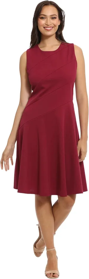 London Times Women's Versatile Crew Neck Bias Seamed Fit and Flare Dress Polished Chic Flattering Feminine