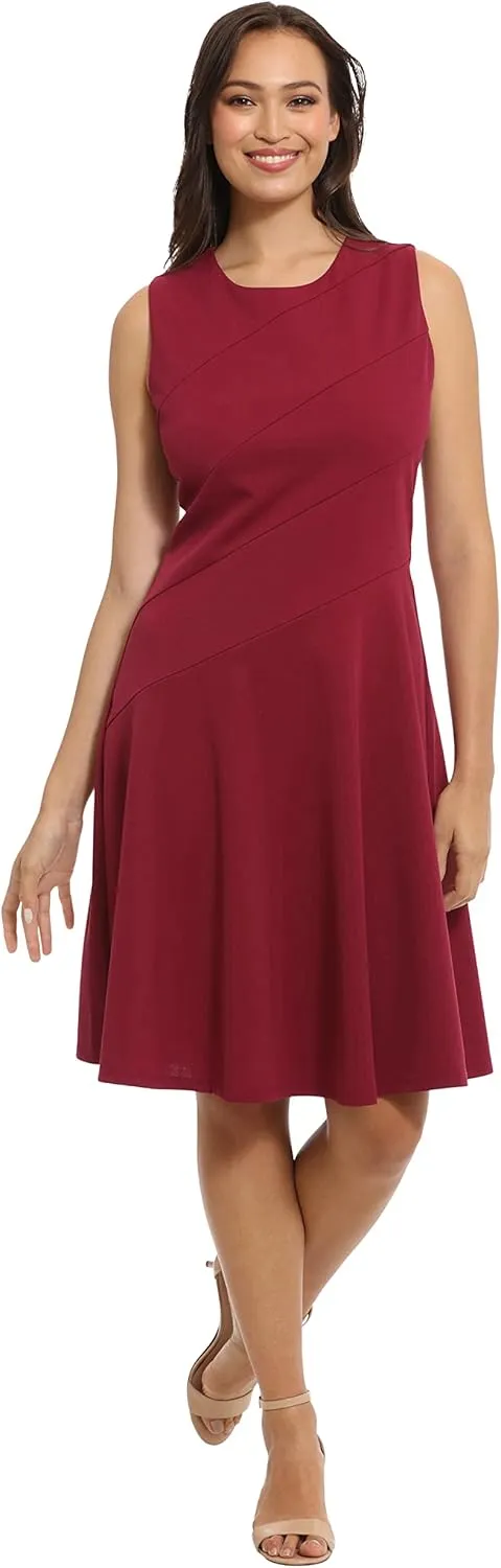 London Times Women's Versatile Crew Neck Bias Seamed Fit and Flare Dress Polished Chic Flattering Feminine
