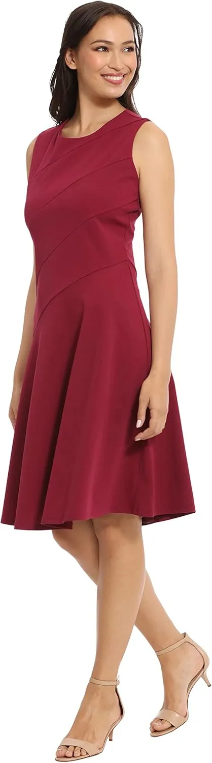 London Times Women's Versatile Crew Neck Bias Seamed Fit and Flare Dress Polished Chic Flattering Feminine