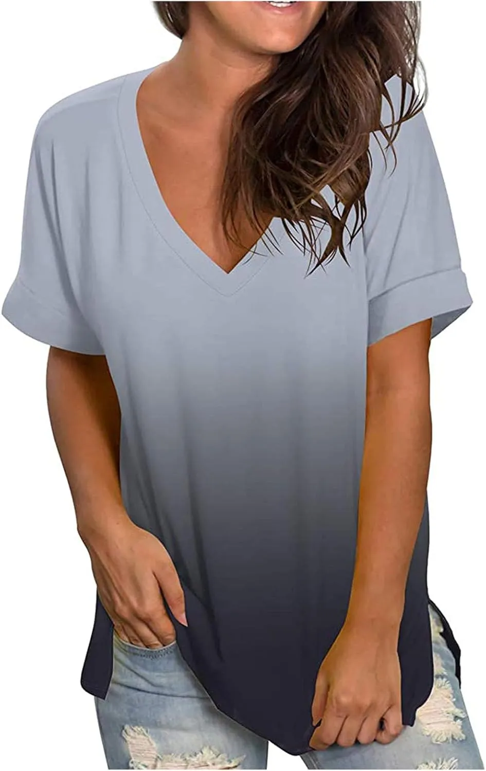 LRMQS Summer Tops for Women 2024 Plus Size Fashion Casual V Neck Short Sleeve T Shirts Comfy Trendy Ladies Blouse Tee