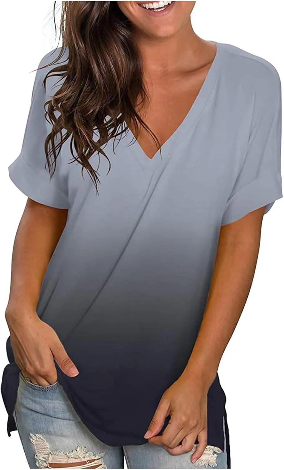 LRMQS Summer Tops for Women 2024 Plus Size Fashion Casual V Neck Short Sleeve T Shirts Comfy Trendy Ladies Blouse Tee