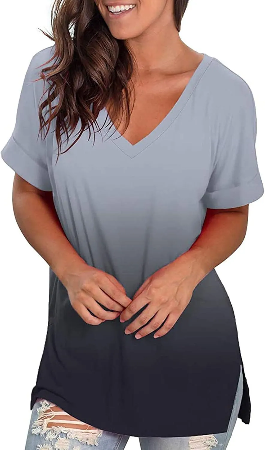 LRMQS Summer Tops for Women 2024 Plus Size Fashion Casual V Neck Short Sleeve T Shirts Comfy Trendy Ladies Blouse Tee