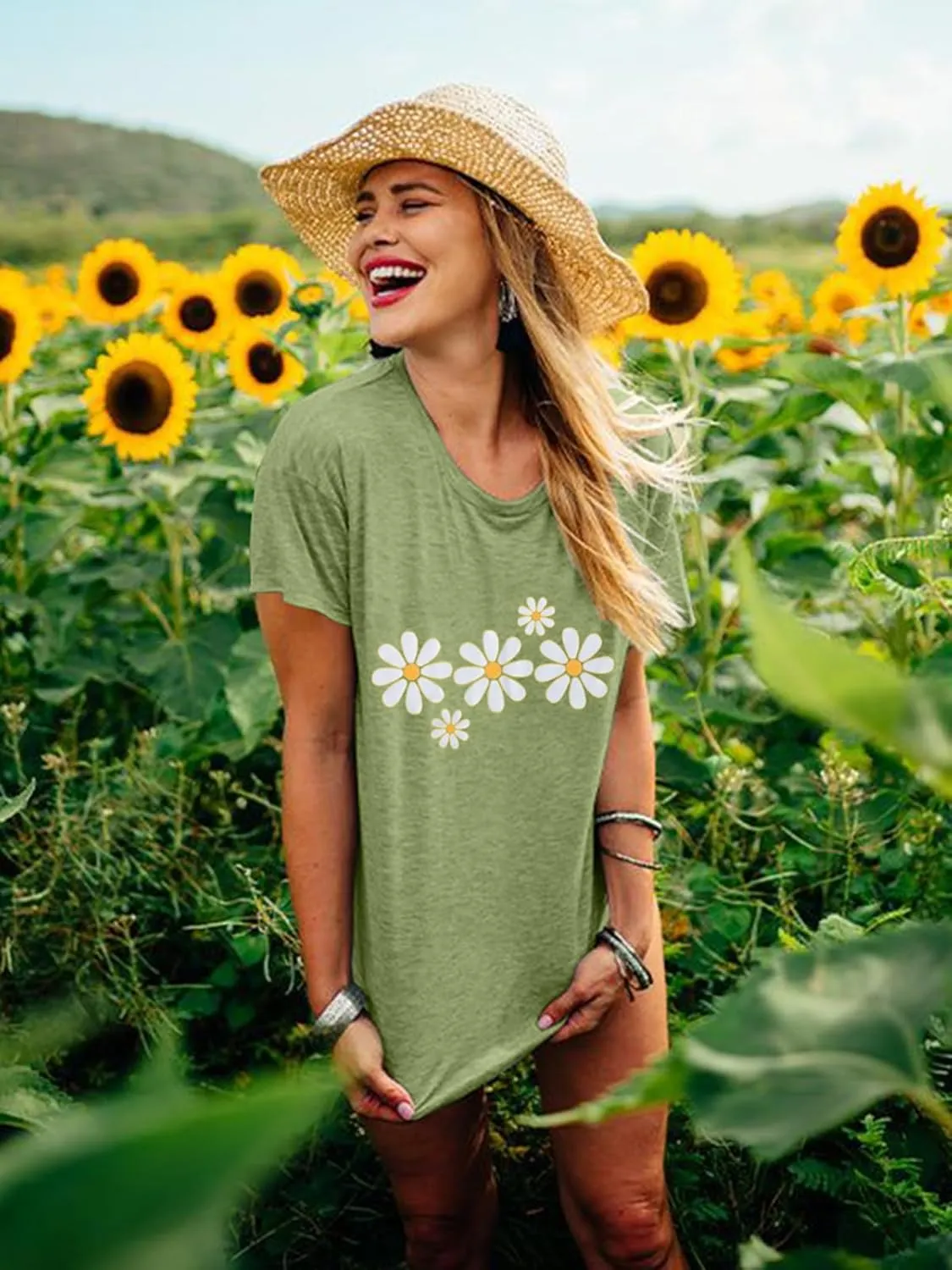 LUKYCILD Daisy Shirts for Women Graphic Tees for Women Short Sleeve Summer Shirt Tops Faith Shirts