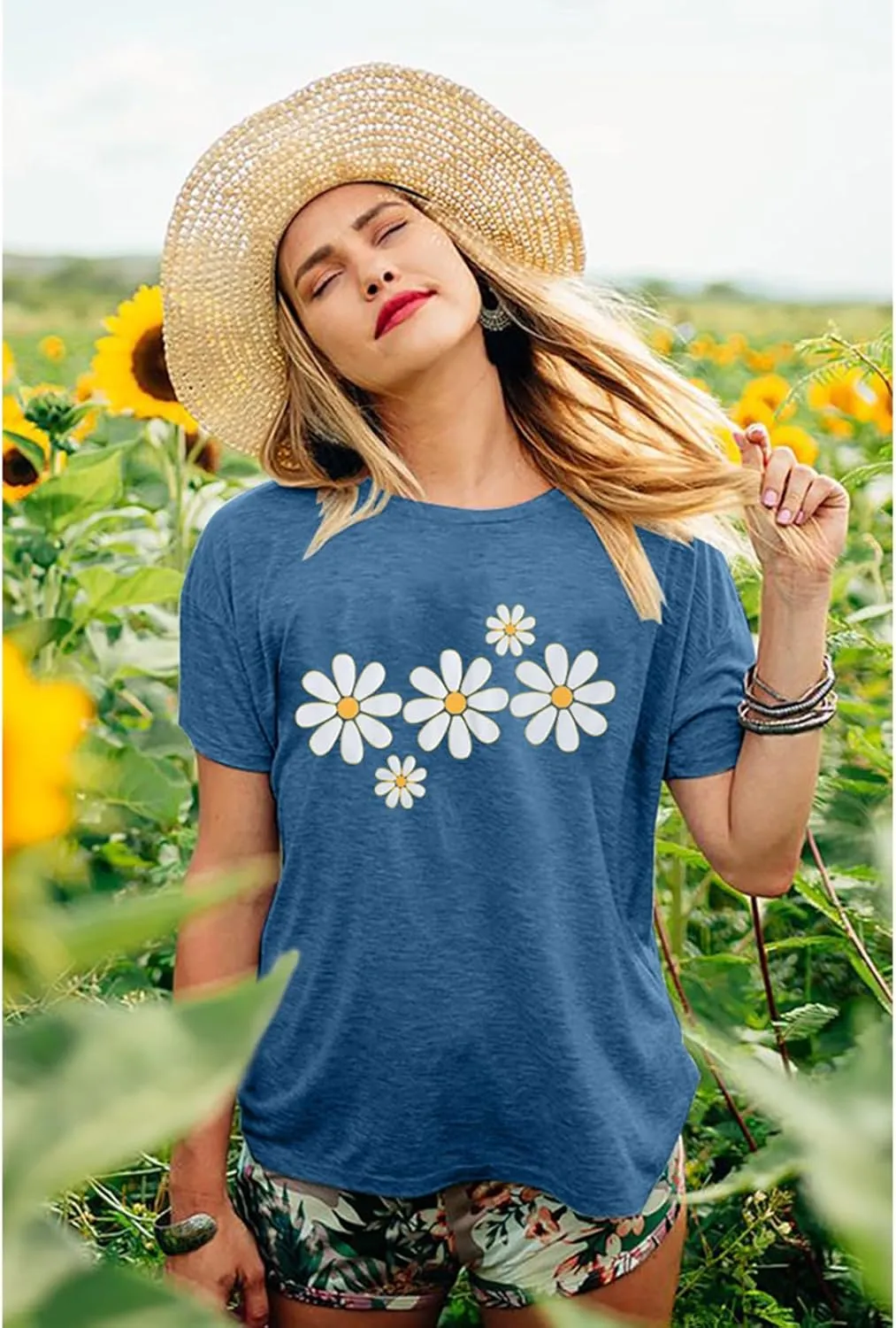 LUKYCILD Daisy Shirts for Women Graphic Tees for Women Short Sleeve Summer Shirt Tops Faith Shirts