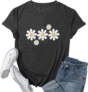 LUKYCILD Daisy Shirts for Women Graphic Tees for Women Short Sleeve Summer Shirt Tops Faith Shirts