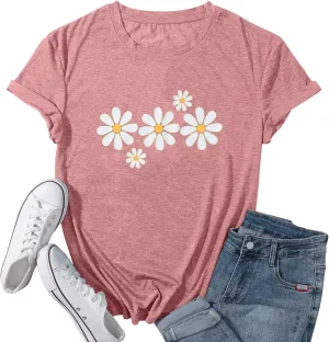 LUKYCILD Daisy Shirts for Women Graphic Tees for Women Short Sleeve Summer Shirt Tops Faith Shirts