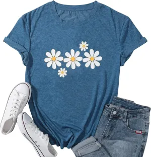 LUKYCILD Daisy Shirts for Women Graphic Tees for Women Short Sleeve Summer Shirt Tops Faith Shirts