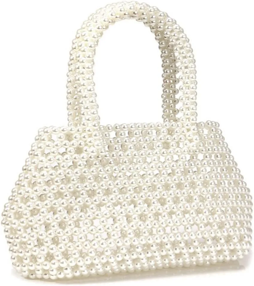 Luxury Delicate Hand Woven Pearl Purse for Women Beaded Bag Basket Tote Bag Pearl Clutch Purse for Wedding Party Ivory