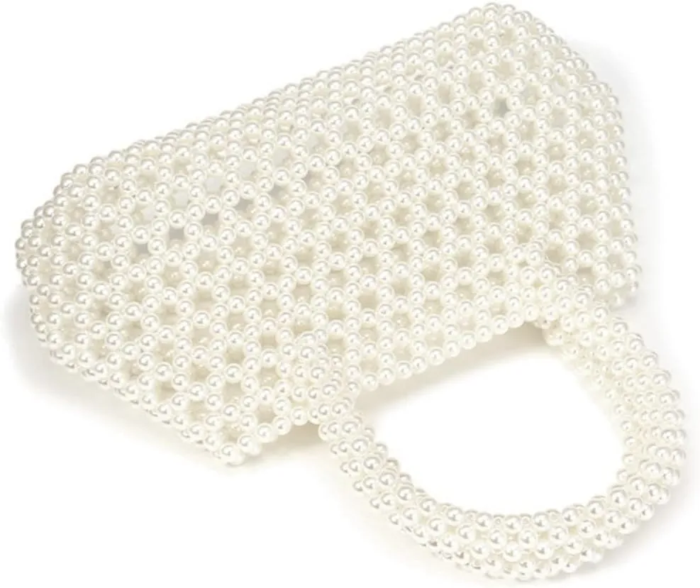 Luxury Delicate Hand Woven Pearl Purse for Women Beaded Bag Basket Tote Bag Pearl Clutch Purse for Wedding Party Ivory