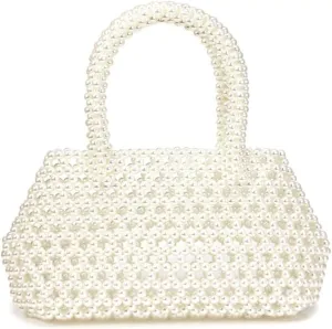 Luxury Delicate Hand Woven Pearl Purse for Women Beaded Bag Basket Tote Bag Pearl Clutch Purse for Wedding Party Ivory