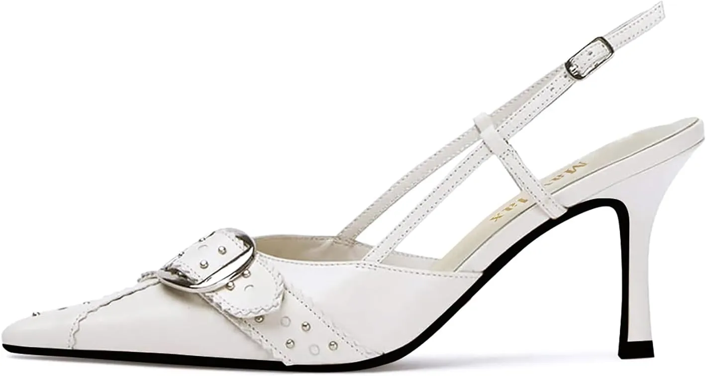 MAVMAX Slingback Heels for Women Studded Pointed Toe Kitten Heels Pumps Buckle Stiletto Backless Heeled Sandals Wedding Party Dress Shoes