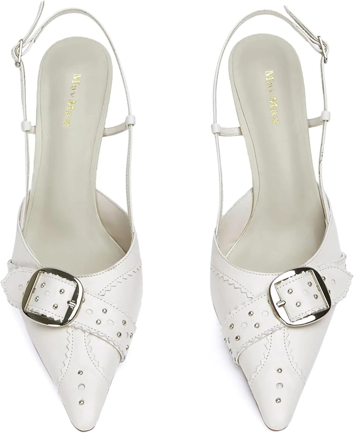 MAVMAX Slingback Heels for Women Studded Pointed Toe Kitten Heels Pumps Buckle Stiletto Backless Heeled Sandals Wedding Party Dress Shoes