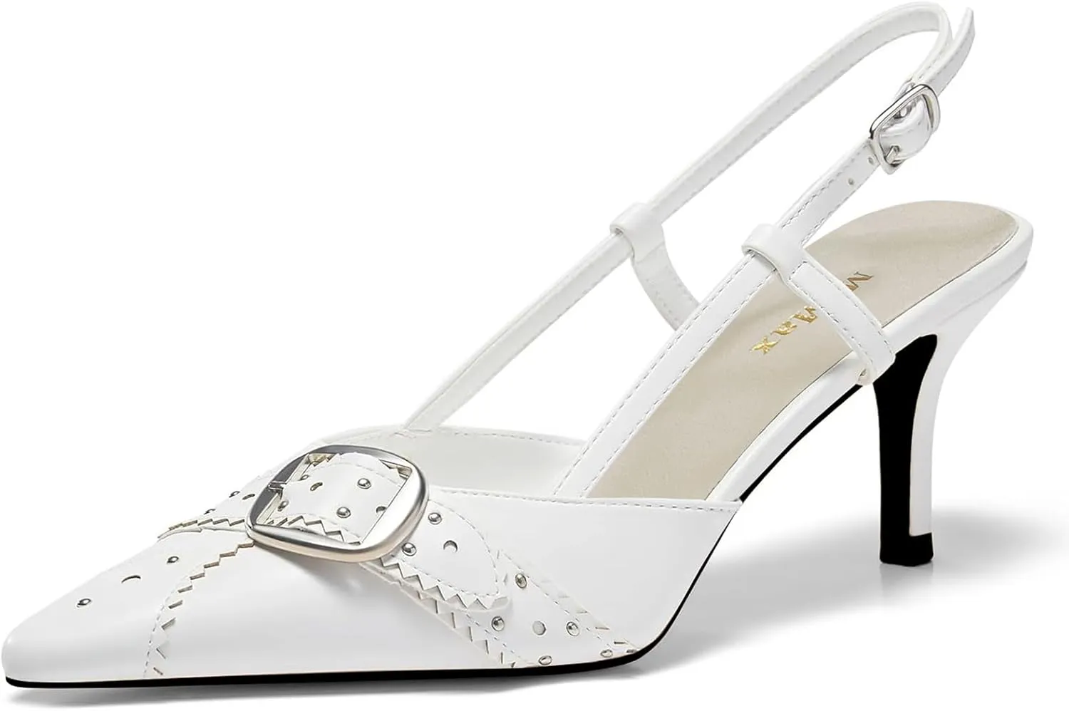 MAVMAX Slingback Heels for Women Studded Pointed Toe Kitten Heels Pumps Buckle Stiletto Backless Heeled Sandals Wedding Party Dress Shoes
