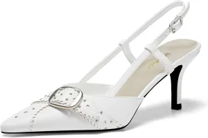 MAVMAX Slingback Heels for Women Studded Pointed Toe Kitten Heels Pumps Buckle Stiletto Backless Heeled Sandals Wedding Party Dress Shoes