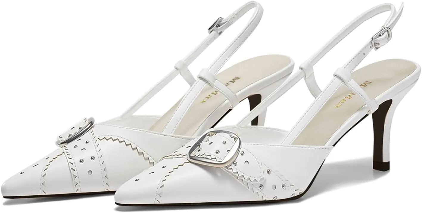 MAVMAX Slingback Heels for Women Studded Pointed Toe Kitten Heels Pumps Buckle Stiletto Backless Heeled Sandals Wedding Party Dress Shoes