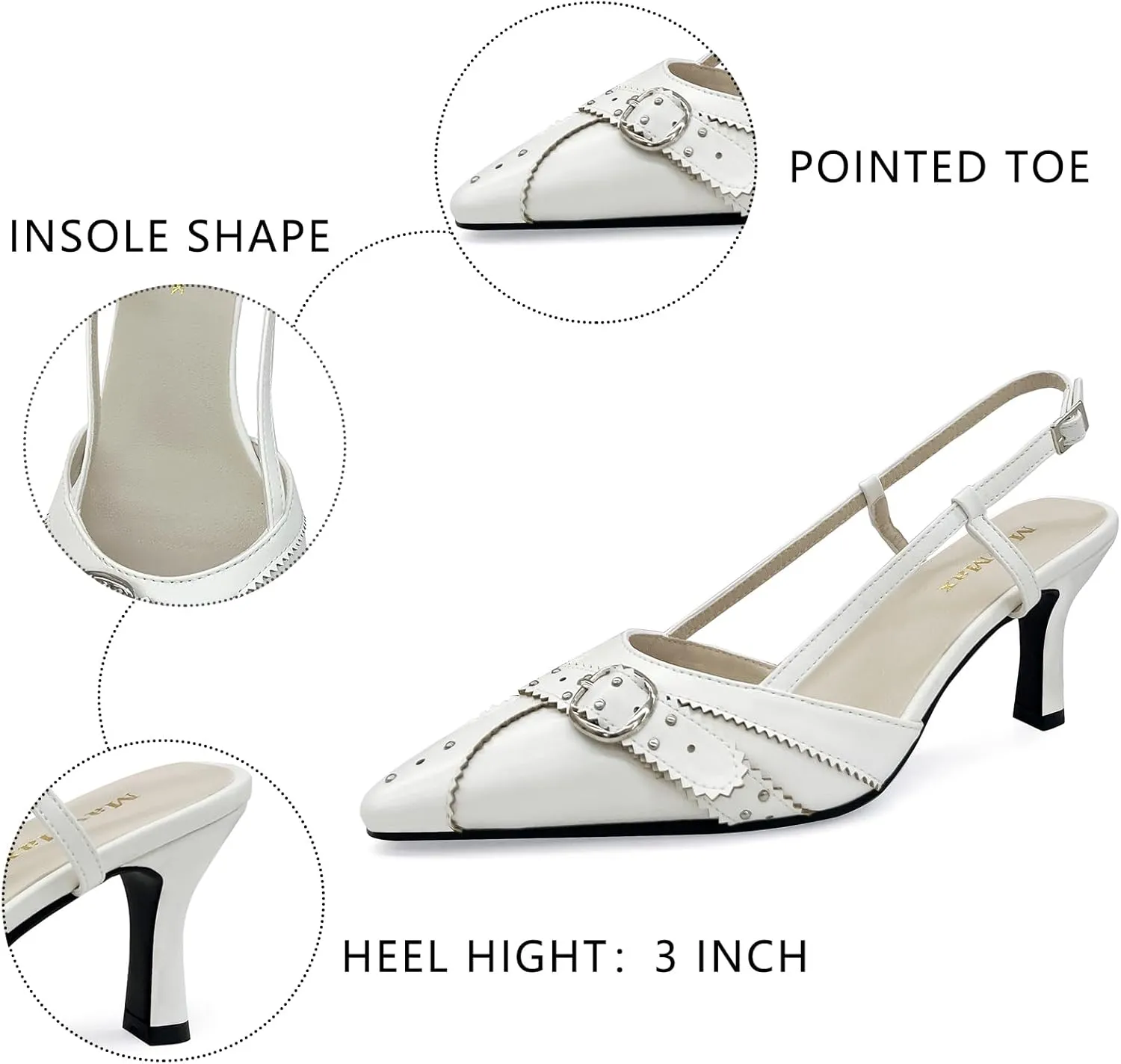 MAVMAX Slingback Heels for Women Studded Pointed Toe Kitten Heels Pumps Buckle Stiletto Backless Heeled Sandals Wedding Party Dress Shoes