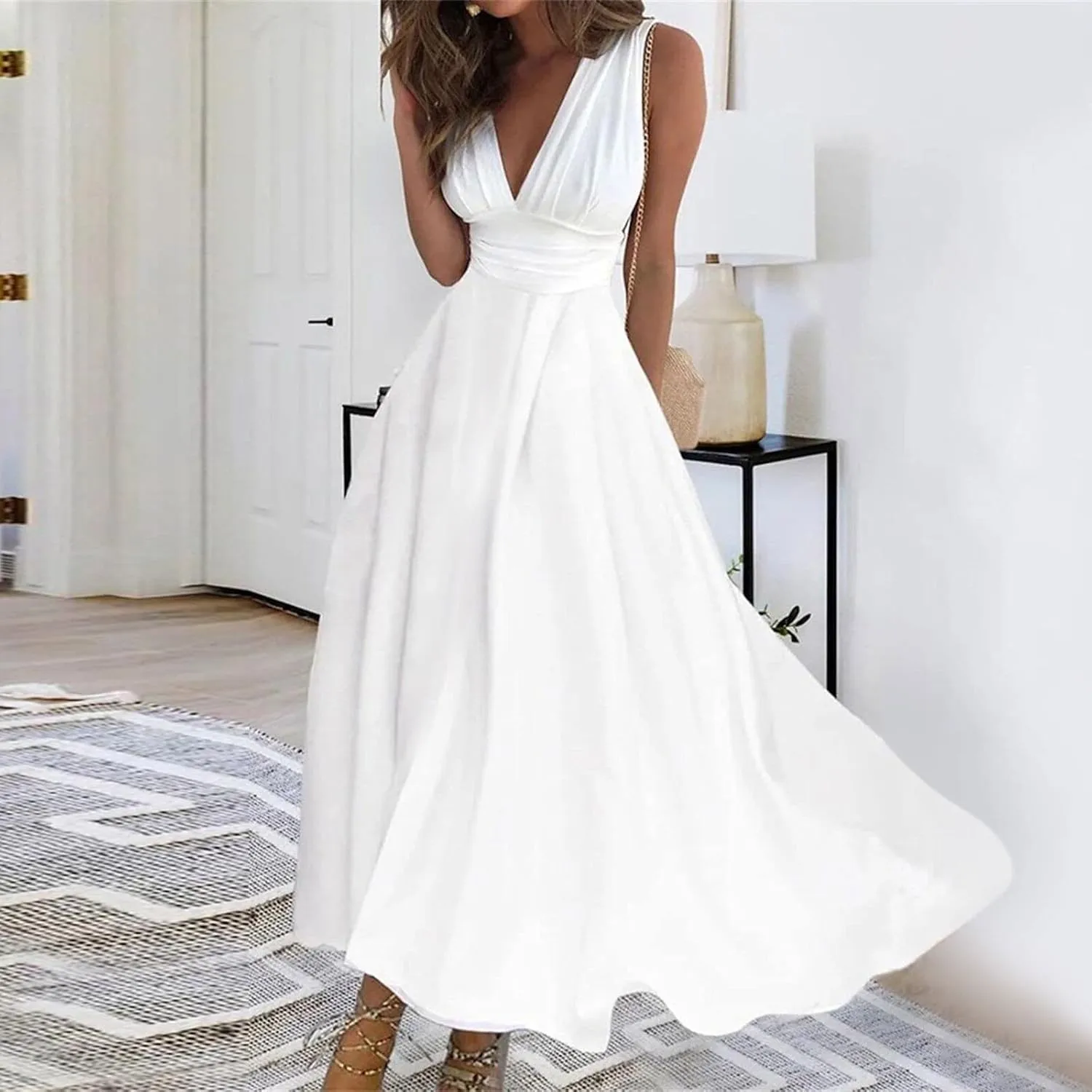 Maxi Dresses for Women 2024 Elegant Wrap V Neck Sleeveless Summer Dress Trendy Floral Print Flowy Beach Dress
