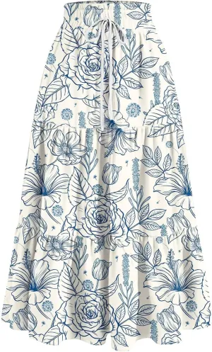 Maxi Skirt for Women Flowy Floral Print A-Line Maxi Summer Skirt Drawstring Elastic High Waist Pleated Tiered Skirts