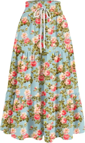 Maxi Skirt for Women Flowy Floral Print A-Line Maxi Summer Skirt Drawstring Elastic High Waist Pleated Tiered Skirts