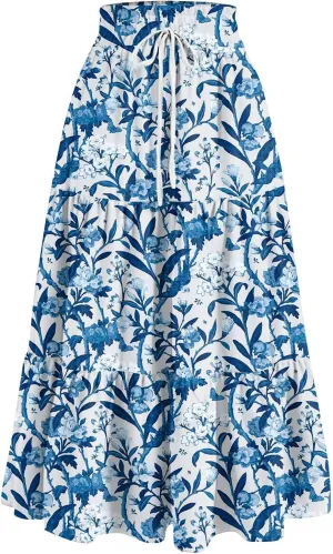 Maxi Skirt for Women Flowy Floral Print A-Line Maxi Summer Skirt Drawstring Elastic High Waist Pleated Tiered Skirts