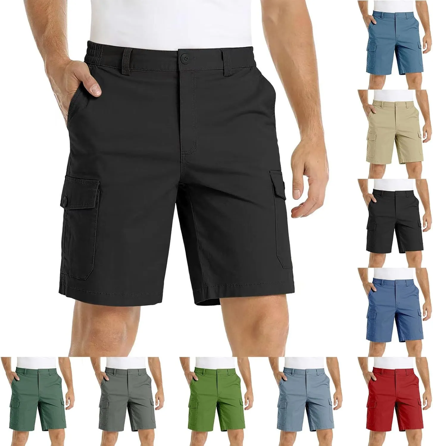 Men's Hiking Cargo Shorts Casual Lightweight Elastic Waist Bermuda Shorts Summer Outdoor Shorts with Multi Pockets