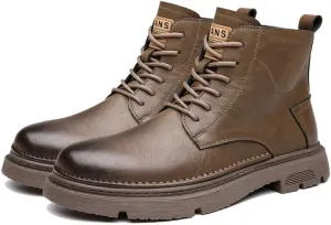 Men's Leather Strappy Motorcycle Combat Boots Vintage Round Toe Lug Sole Chukka Ankle Boots Casual Waterproof Oxford Dress Work Boots