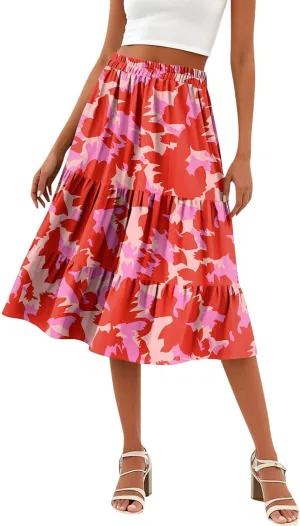 midi Tiered Skirts for Women Summer Boho Floral Long Ruffle Flowy high Elastic Waist a line Skirts Vacation Skort