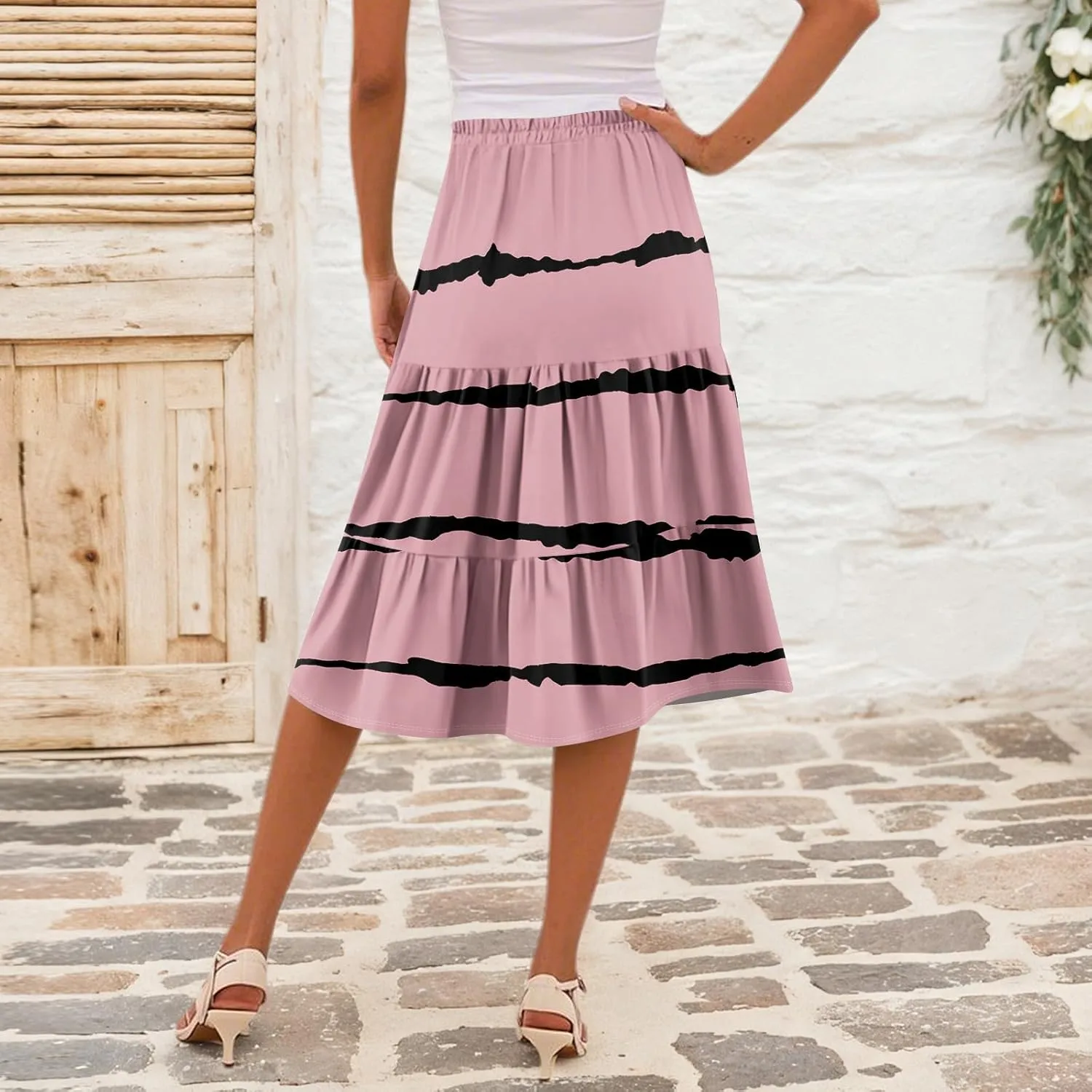 midi Tiered Skirts for Women Summer Boho Floral Long Ruffle Flowy high Elastic Waist a line Skirts Vacation Skort