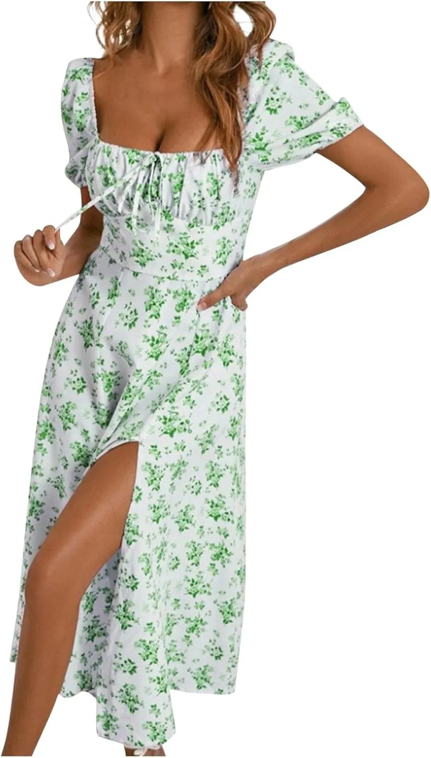 Milkmaid Sundress Boho Floral Print Side Slit Bloomchic for Women 2024 Tunic Trendy Tie Front Summer Vacation Beach