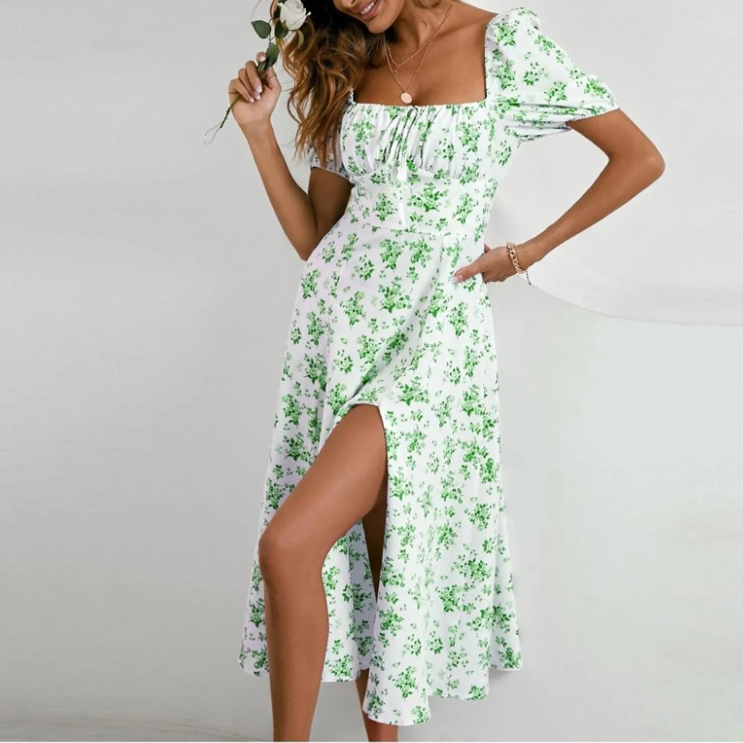 Milkmaid Sundress Boho Floral Print Side Slit Bloomchic for Women 2024 Tunic Trendy Tie Front Summer Vacation Beach