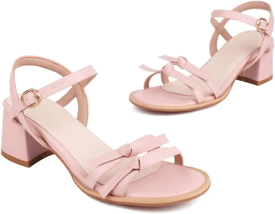MIOKE Women's Open Toe Block Low Heel Sandals Ankle Strappy PU Leather Summer Chunky Dress Heeled Sandal