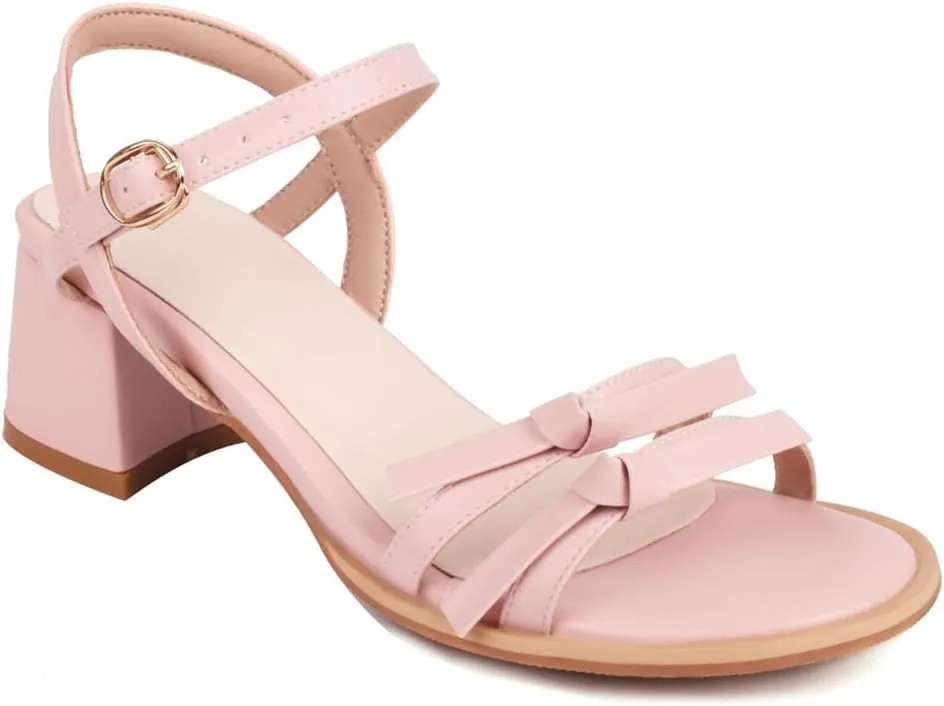 MIOKE Women's Open Toe Block Low Heel Sandals Ankle Strappy PU Leather Summer Chunky Dress Heeled Sandal
