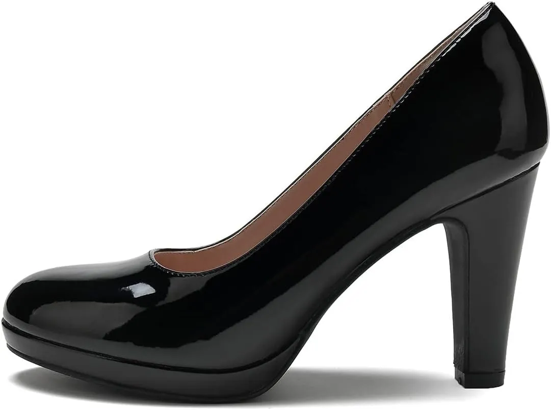 miss left Women's Low Platform Chunky High Heels Slip On Closed Round Toe Pump Elegant Party Work Dressy Shoes Size 4-16 US