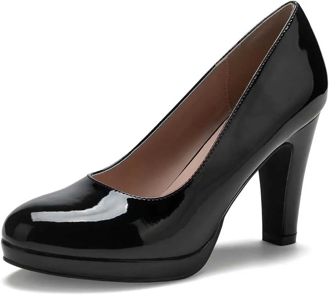 miss left Women's Low Platform Chunky High Heels Slip On Closed Round Toe Pump Elegant Party Work Dressy Shoes Size 4-16 US